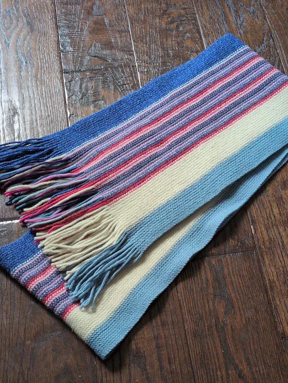 WILLIAM BRUNTON I Vintage Blue, Pink & Purple Striped Wool Knit Fringe Scarf